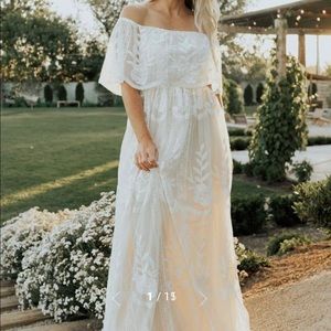 Baltic Born “Leon Off Shoulder Maxi Dress” in white/nude lace in size small